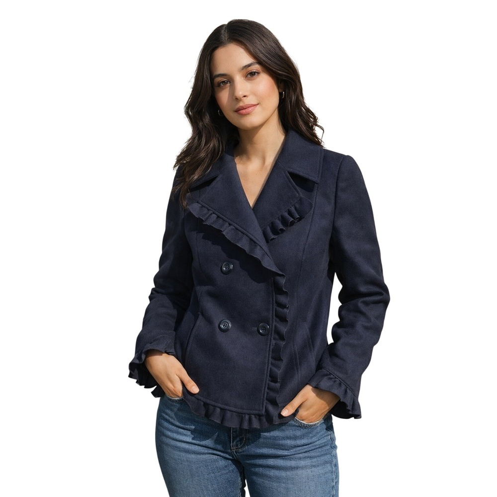 Mac & Jac‎ Navy Blue Ruffle Trim Double Breasted Pea Coat Jacket Womens Large